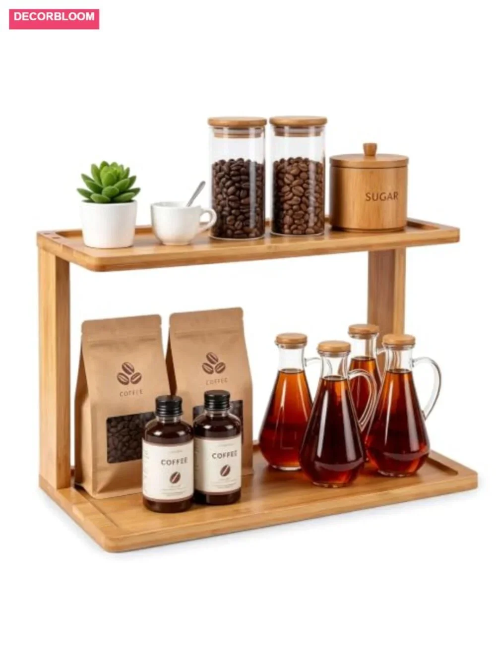 2-Tier Bamboo Countertop Coffee Station Organizer with Coffee Pod Holder